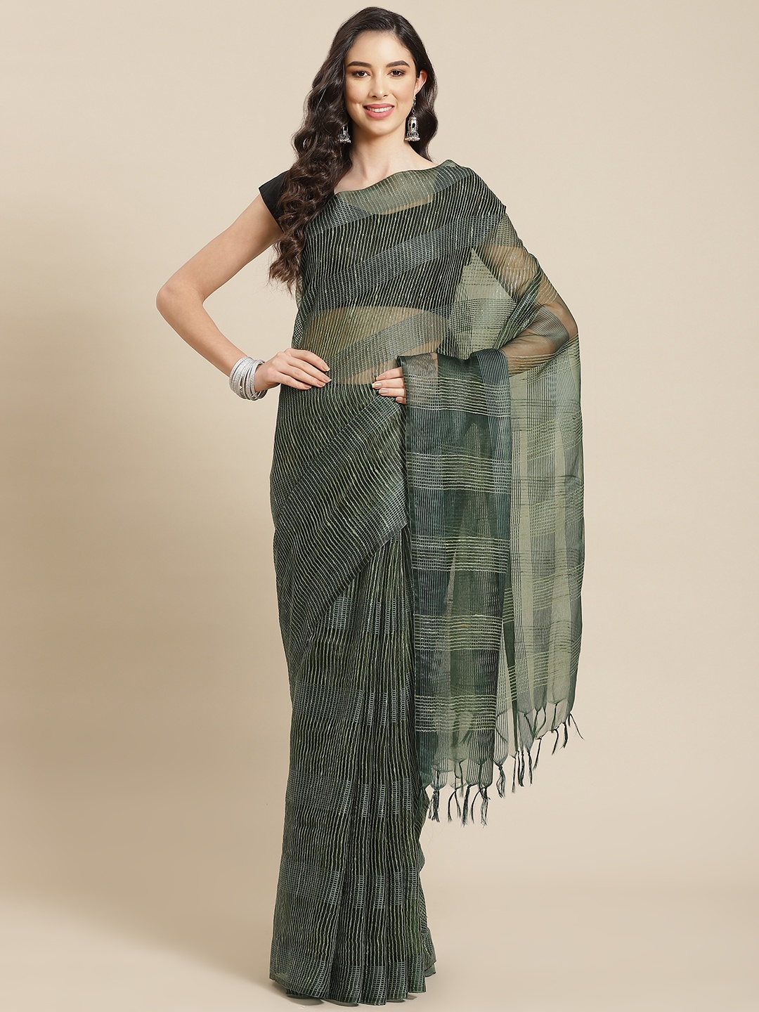 

swatika Green & Golden Striped Zari Silk Blend Bhagalpuri Saree