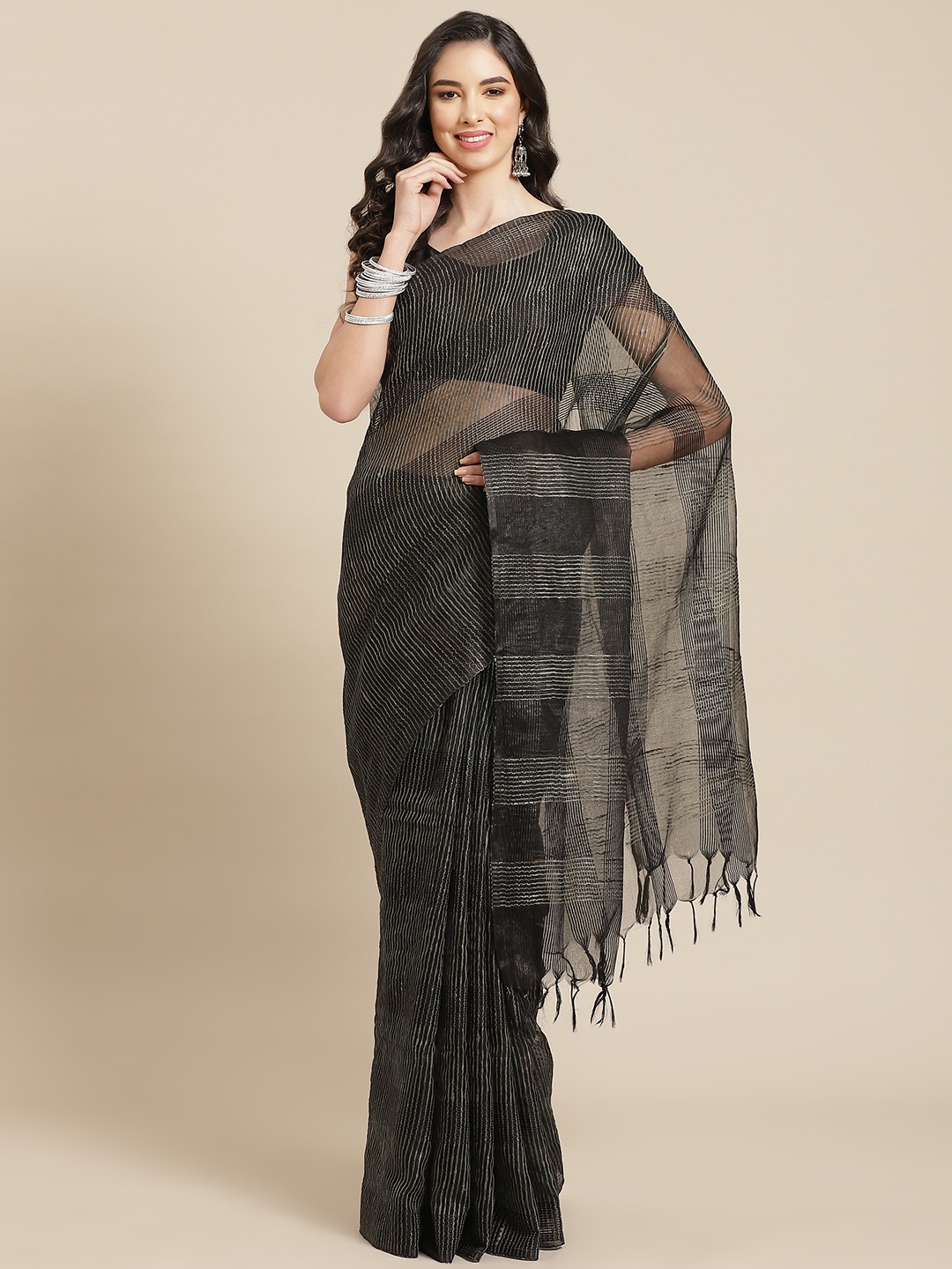 

swatika Black & Silver Striped Zari Silk Blend Bhagalpuri Saree