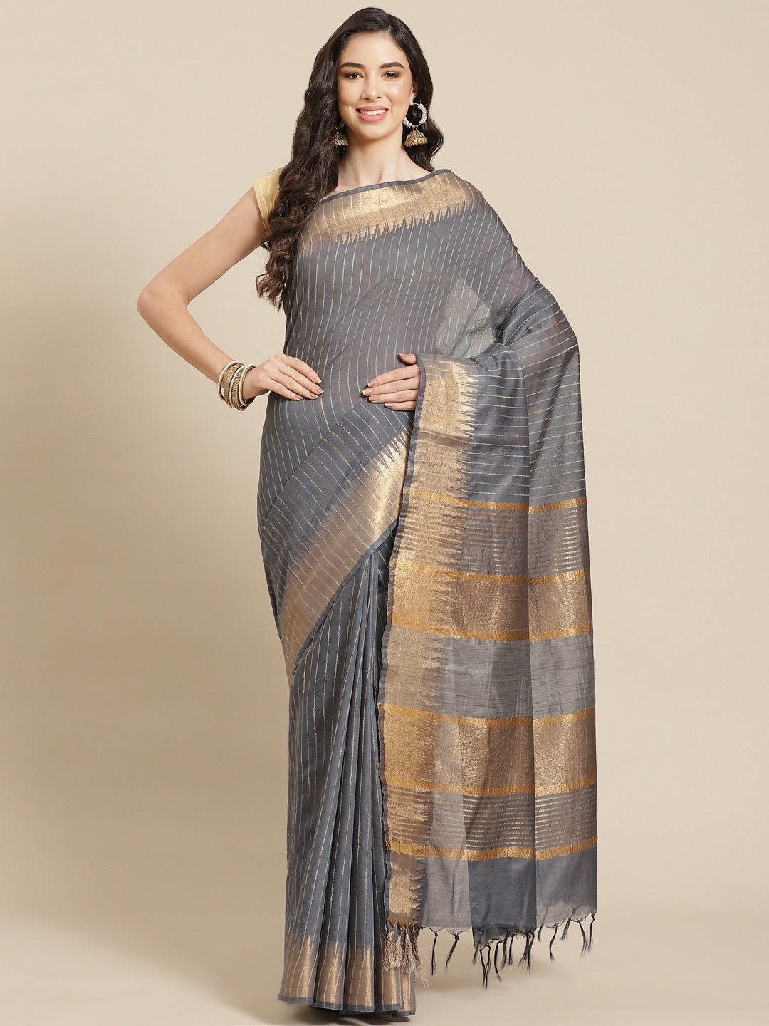 

swatika Grey & Golden Self Striped Bhagalpuri Saree
