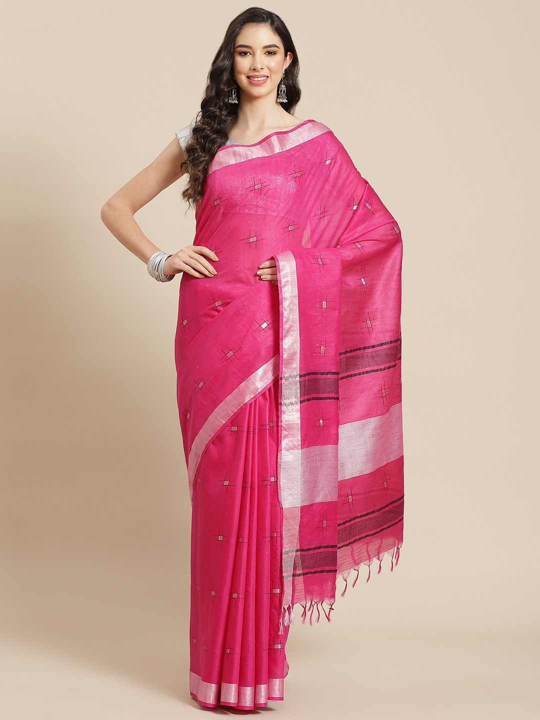 

swatika Pink & Black Woven Design Zari Silk Blend Bhagalpuri Saree