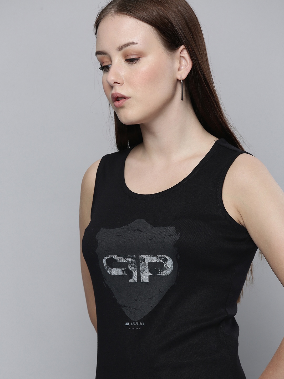 

883 Police Women Black Printed Pure Cotton Tank Top