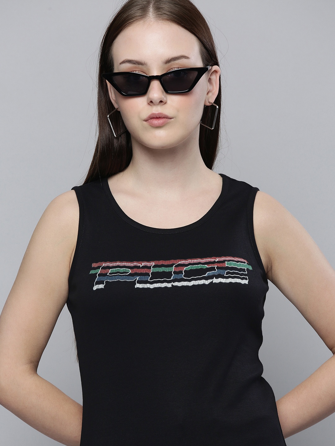 

883 Police Women Black Brand Logo Pure Cotton Tank Top