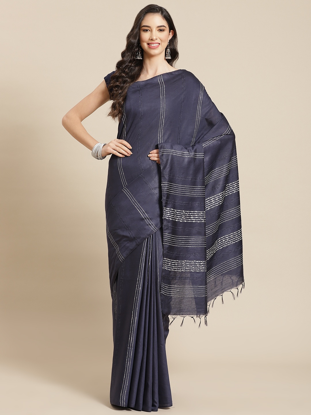 

swatika Navy Blue & Off-White Striped Zari Silk Blend Bhagalpuri Saree