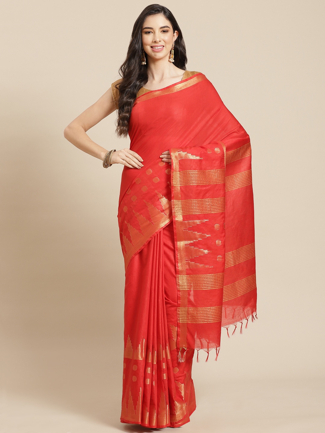 

swatika Coral Red & Golden Zari Silk Blend Bhagalpuri Saree