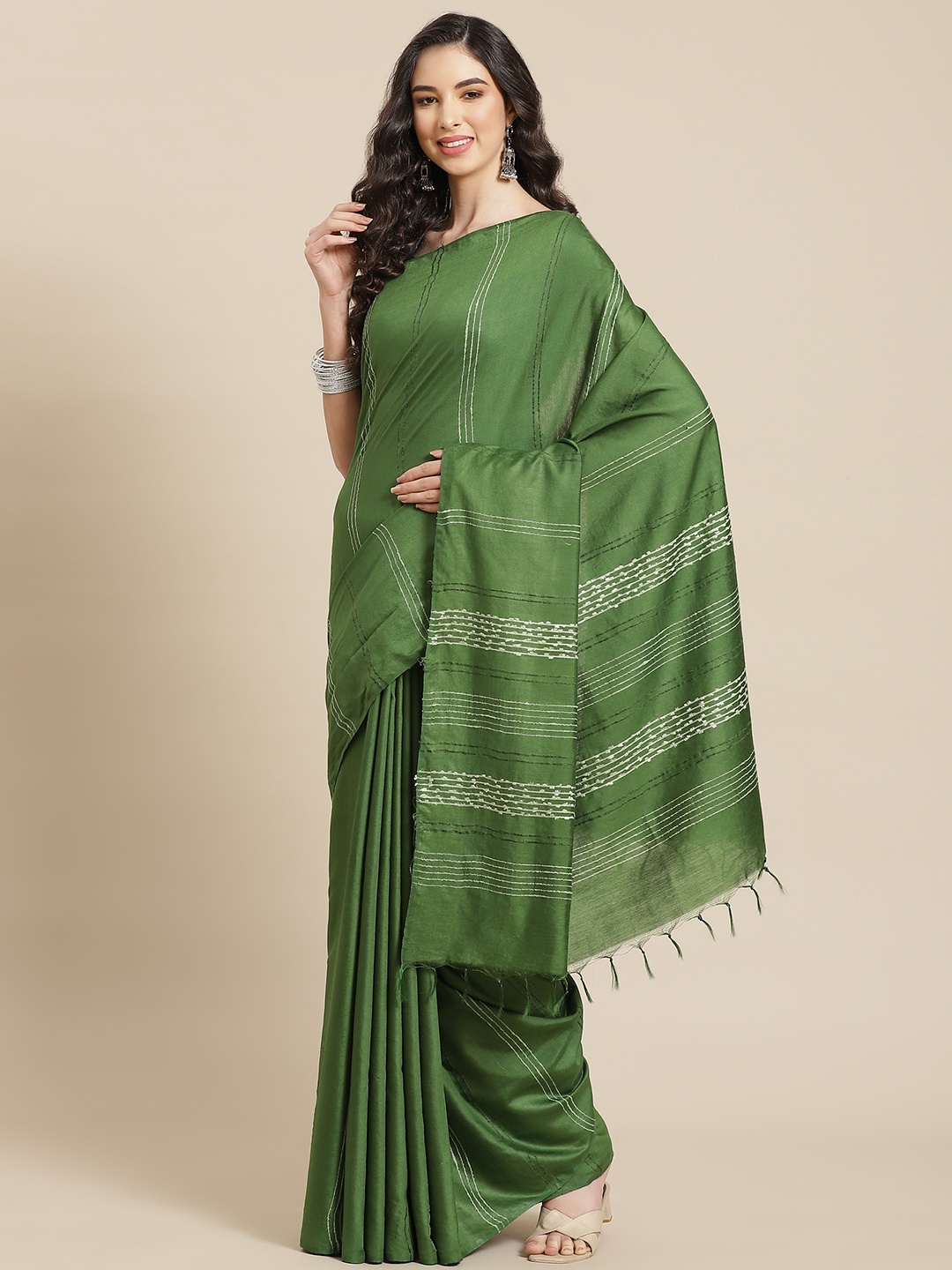 

swatika Green & White Striped Zari Silk Blend Bhagalpuri Saree