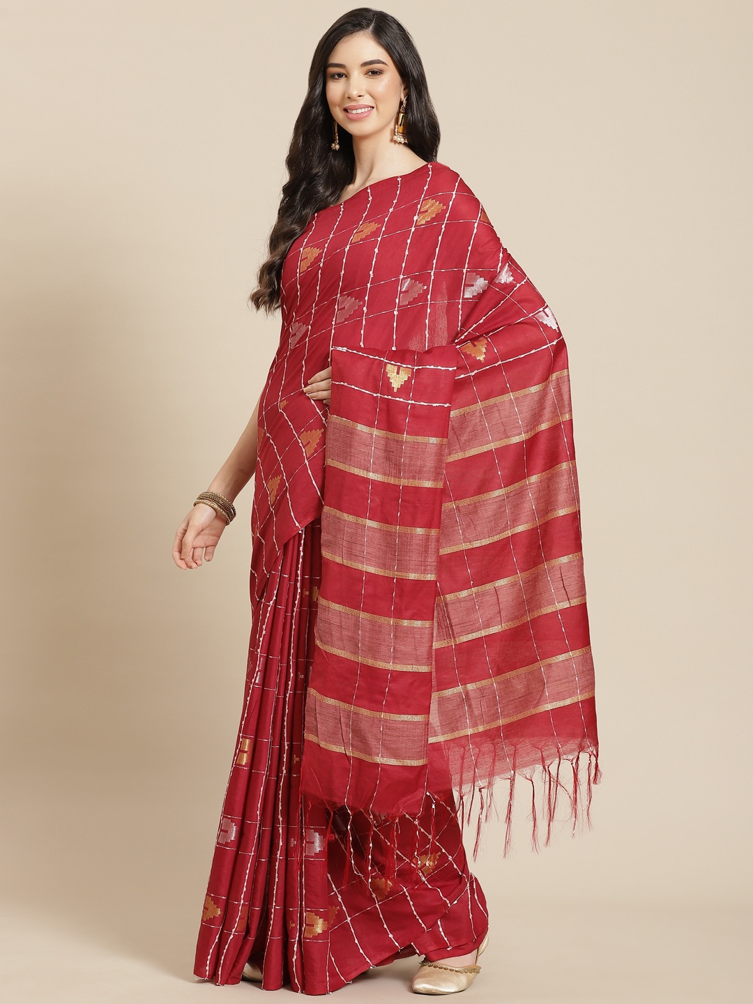 

swatika Maroon & Golden Woven Design Zari Silk Blend Bhagalpuri Saree