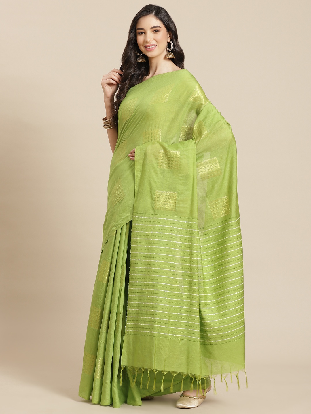 

swatika Green Woven Design Zari Silk Blend Bhagalpuri Saree