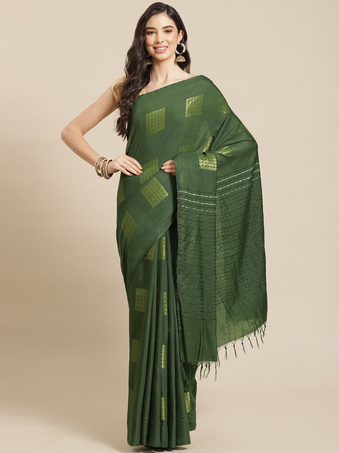 

swatika Green & Golden Woven Design Zari Silk Blend Bhagalpuri Saree