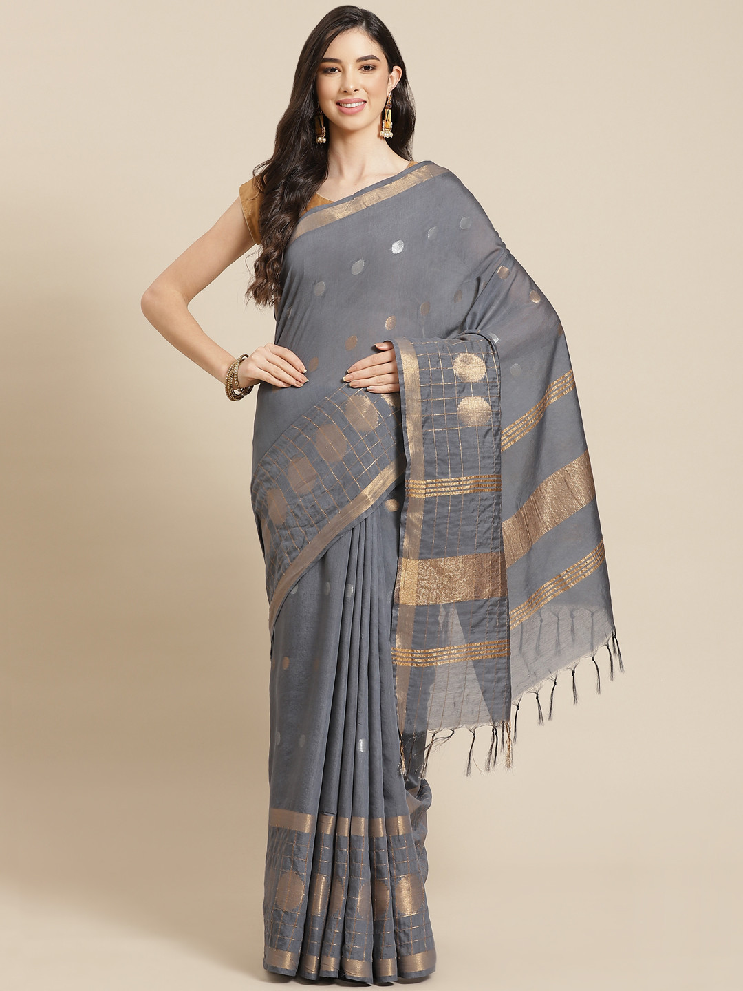 

swatika Grey & Golden Zari Silk Blend Bhagalpuri Saree