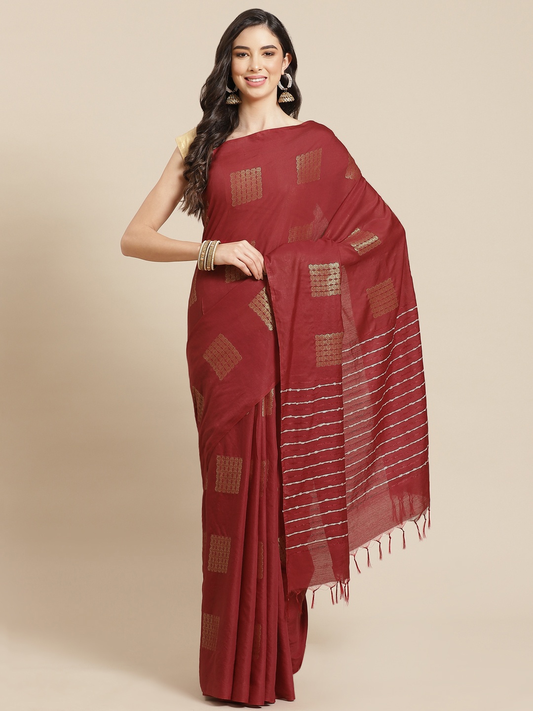 

swatika Red & Golden Woven Design Zari Silk Blend Bhagalpuri Saree