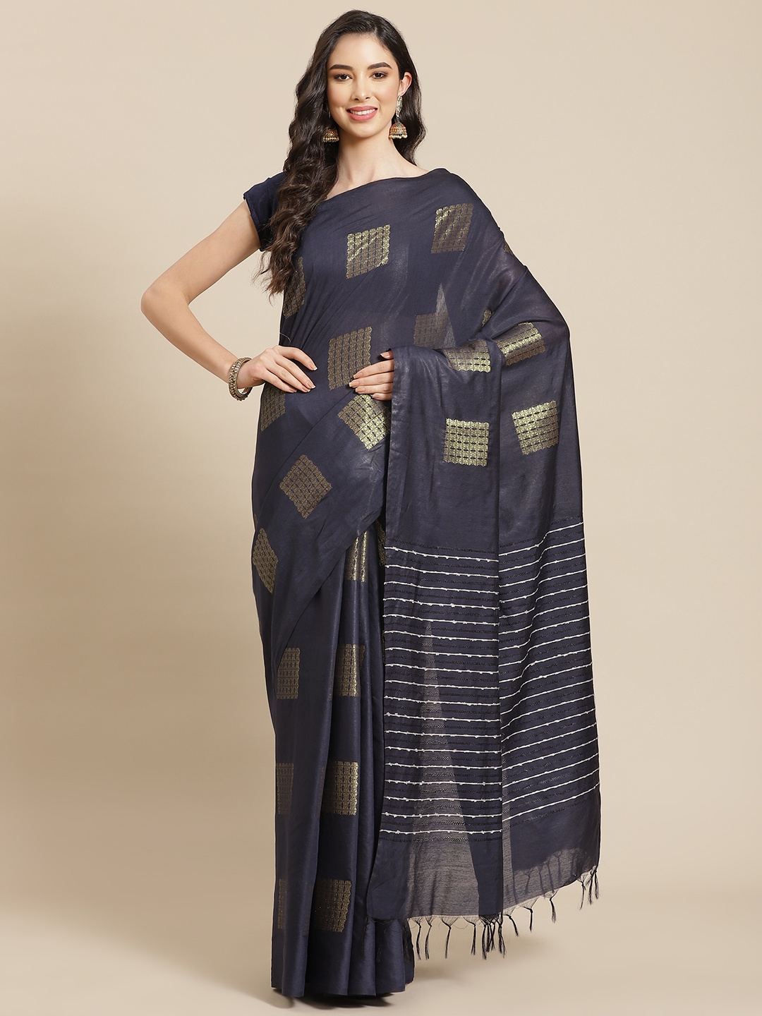 

swatika Navy Blue & Golden Zari Bhagalpuri Saree