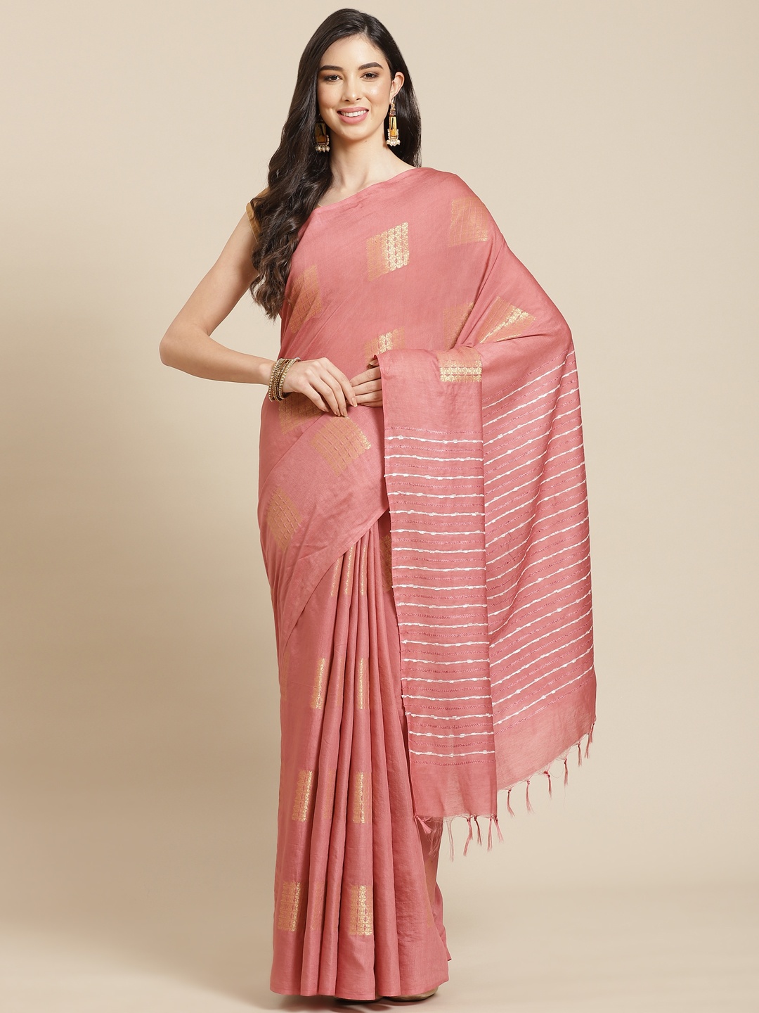 

swatika Peach-Coloured & Golden Woven Design Zari Silk Blend Bhagalpuri Saree