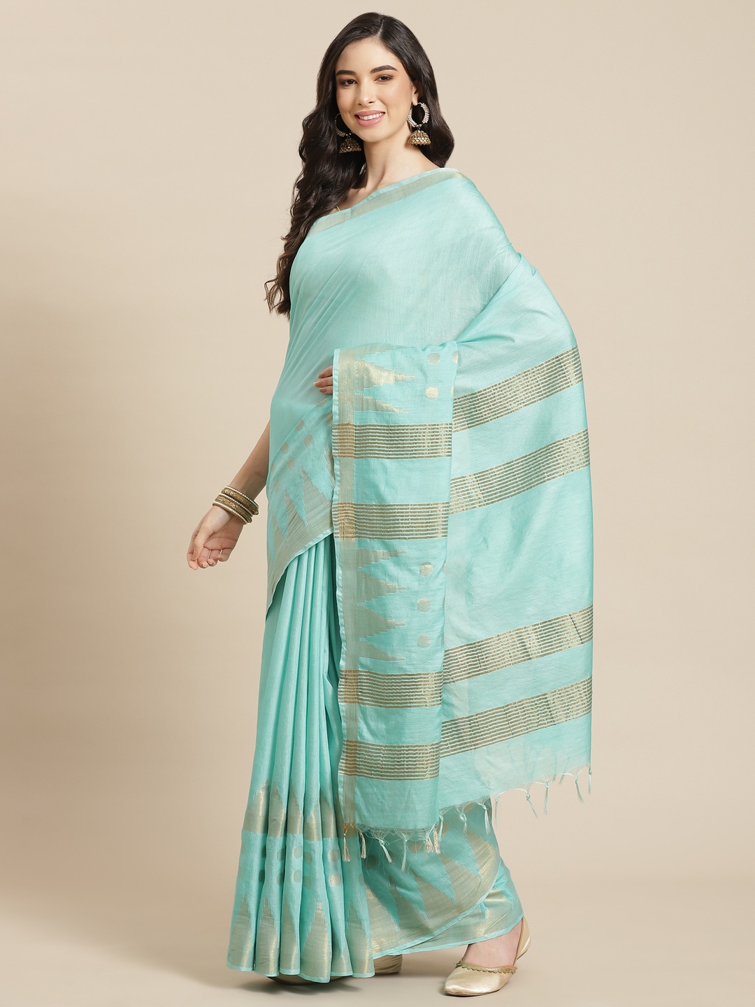 

swatika Turquoise Blue Zari Silk Blend Bhagalpuri Saree