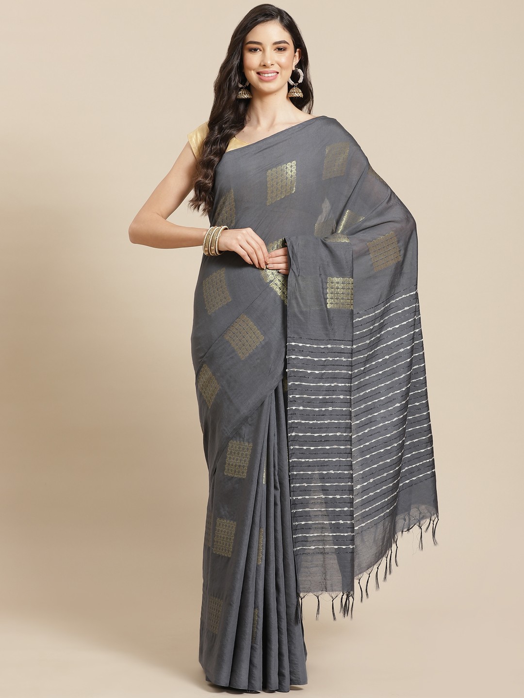 

swatika Grey Woven Design Zari Silk Blend Bhagalpuri Saree