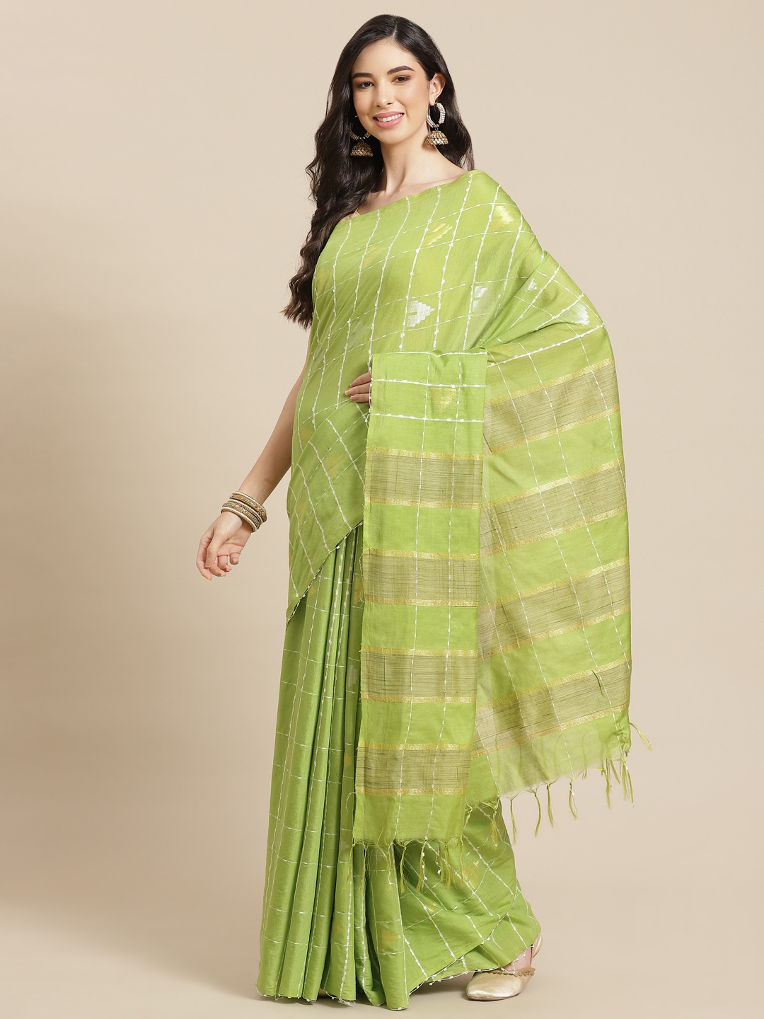 

swatika Green Checked Zari Silk Blend Bhagalpuri Saree