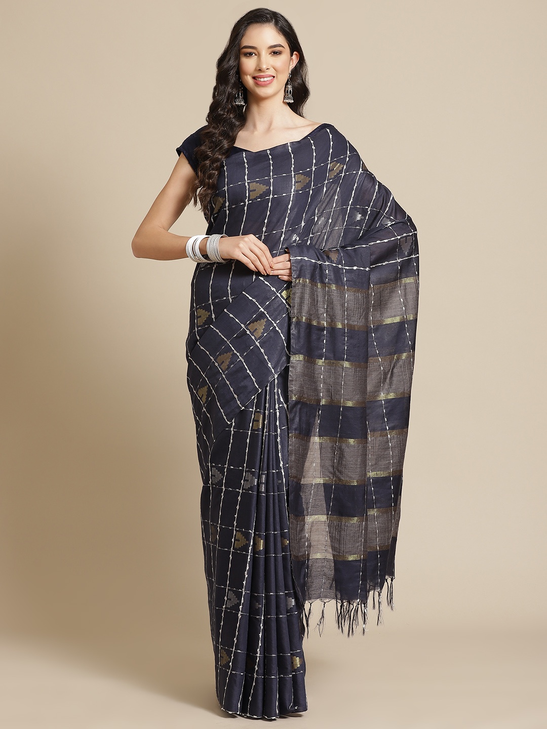 

swatika Navy Blue & Off-White Ethnic Motifs Zari Silk Blend Bhagalpuri Saree