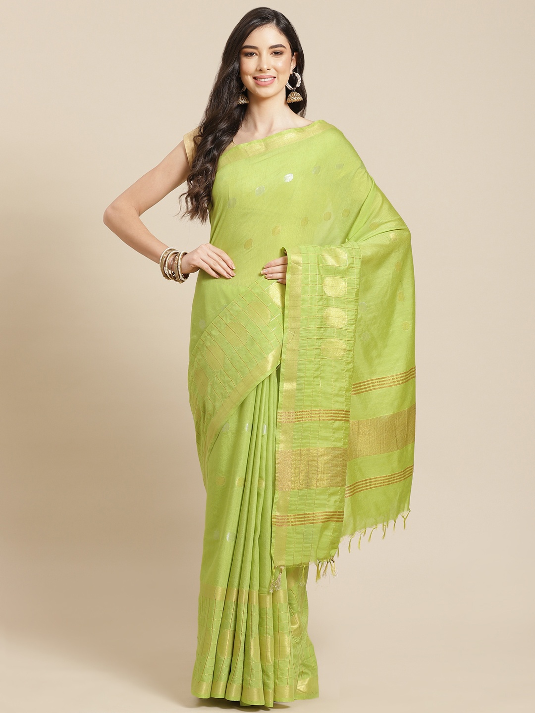 

swatika Lime Green Woven Design Zari Silk Blend Bhagalpuri Saree