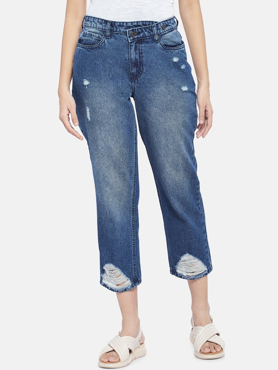 

People Women Blue Relaxed Fit Mildly Distressed Light Fade Jeans