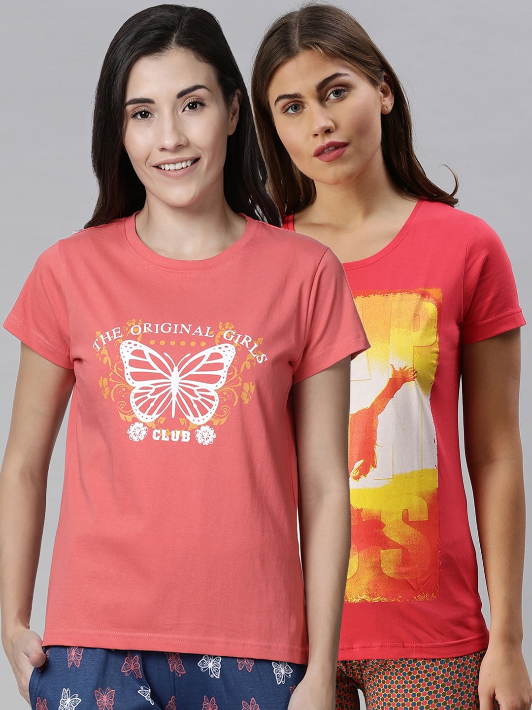 

Kryptic Women Pack Of 2 Printed Pure Cotton Lounge T-Shirts, Orange