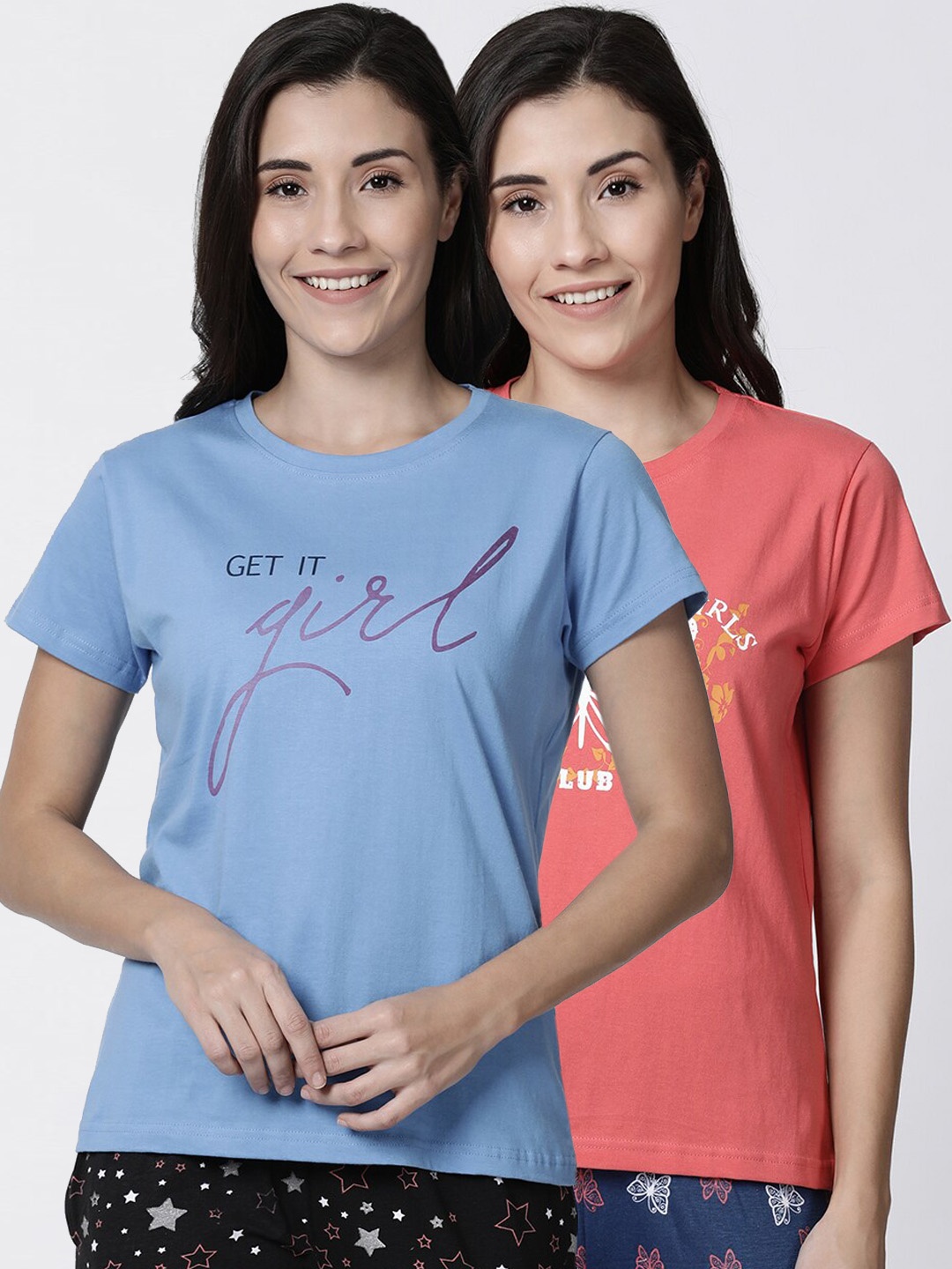 

Kryptic Women Pack Of 2 Printed Pure Cotton Lounge T-Shirts, Orange