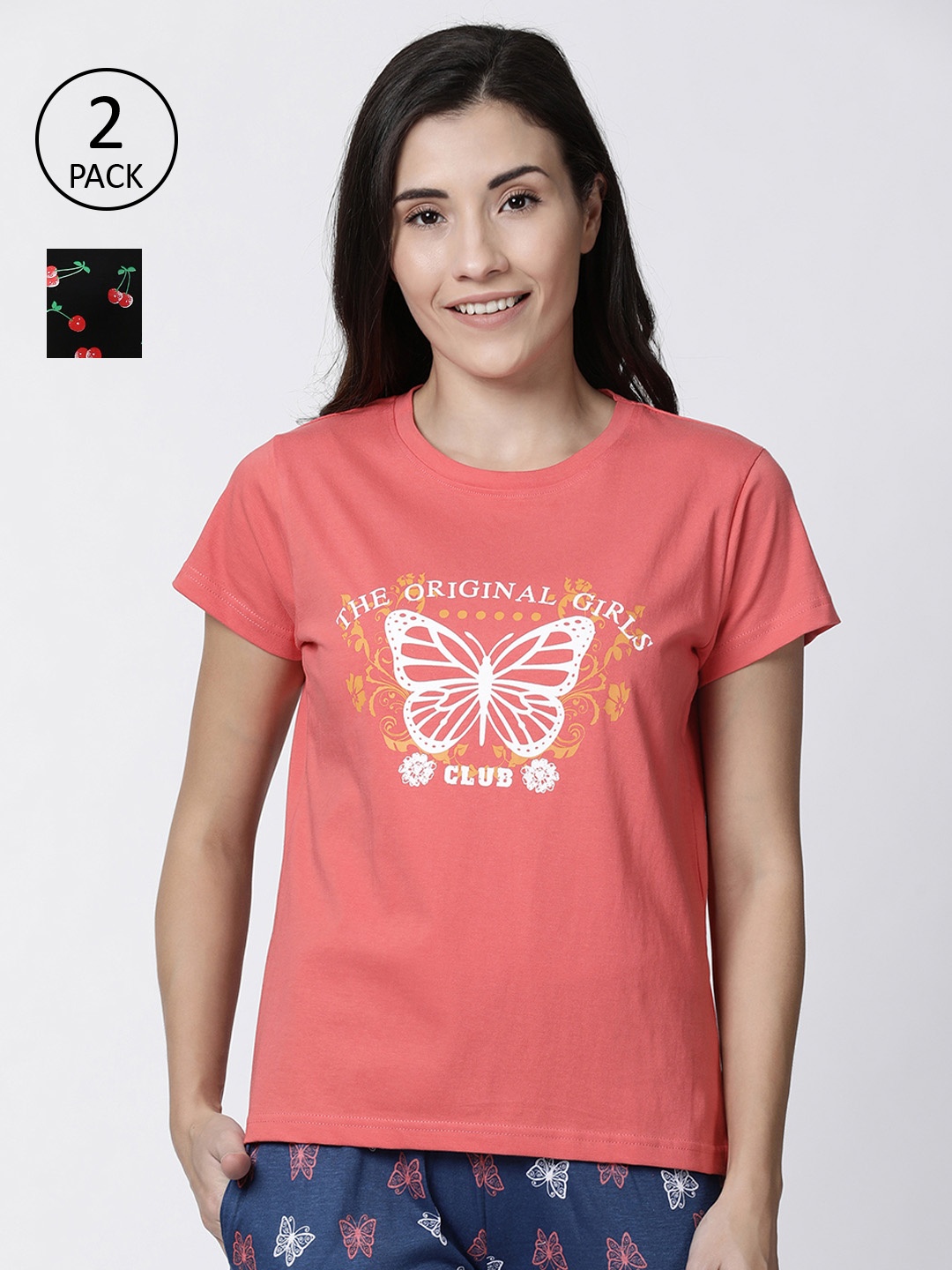 

Kryptic Women Orange & Black Pack of 2 Printed Lounge Tshirt