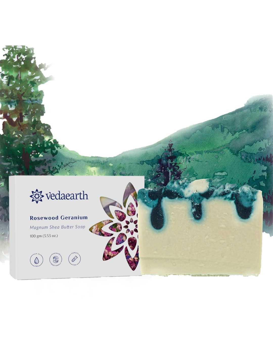 

VEDAEARTH Rosewood Geranium Olive Oil & Shea Butter Soap 100g, Blue
