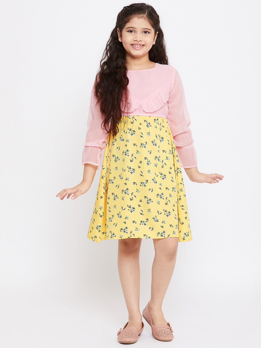 

Stylo Bug Pink & Yellow Colourblocked Crepe A-Line Dress