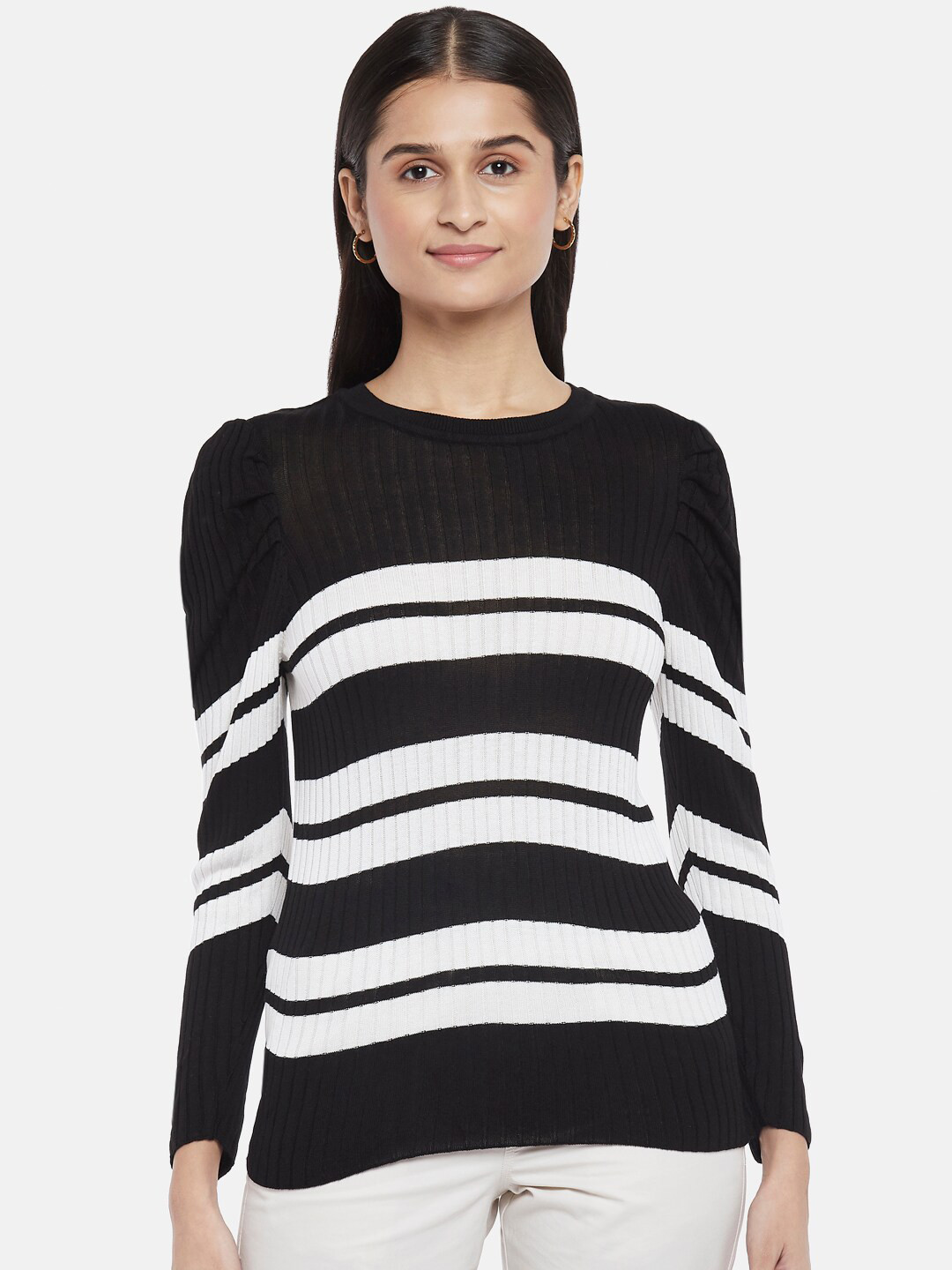 

Honey by Pantaloons Black & White Striped Regular Top