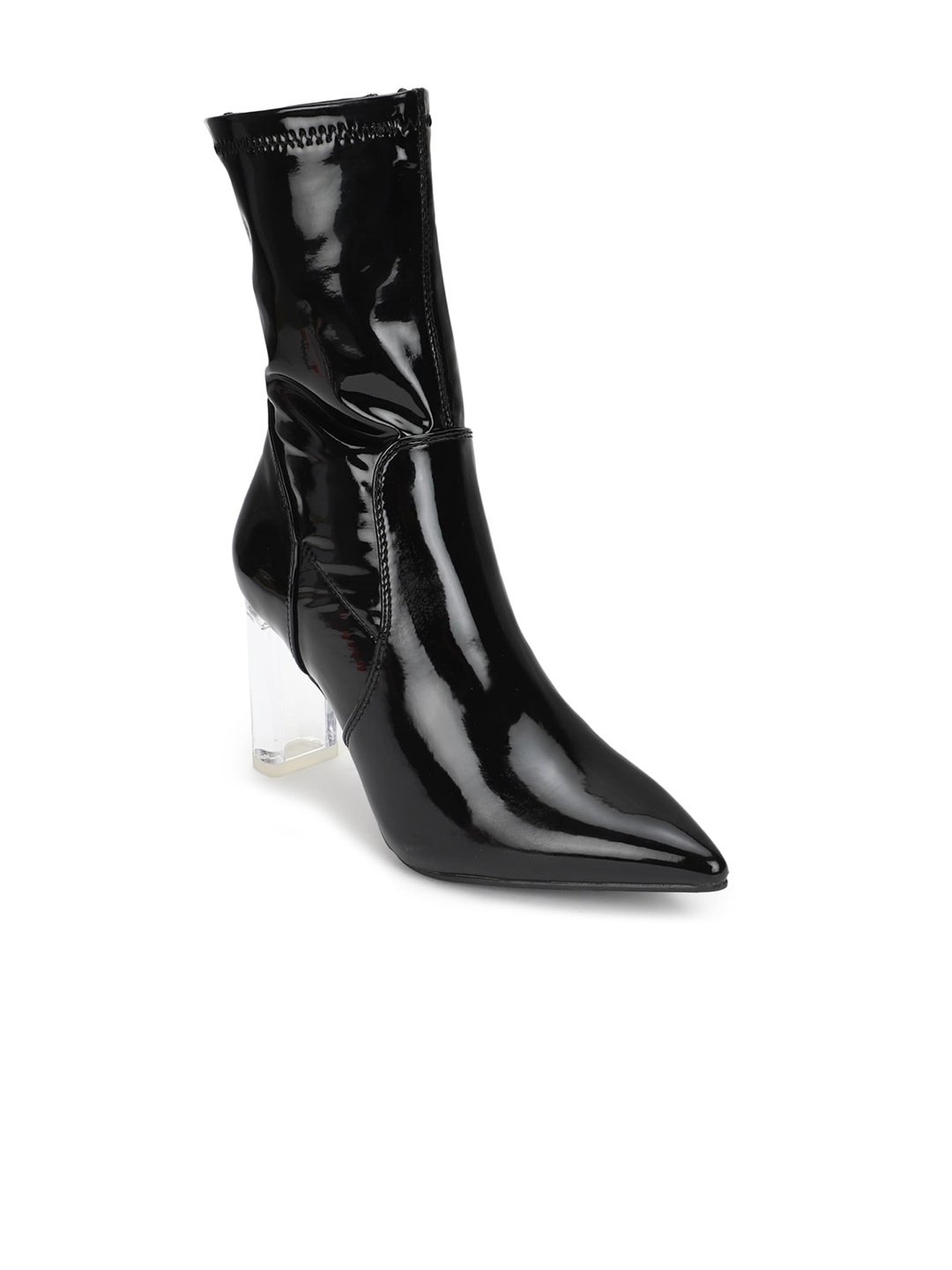 

FOREVER 21 Women Black PU High-Top Block Heeled Boots