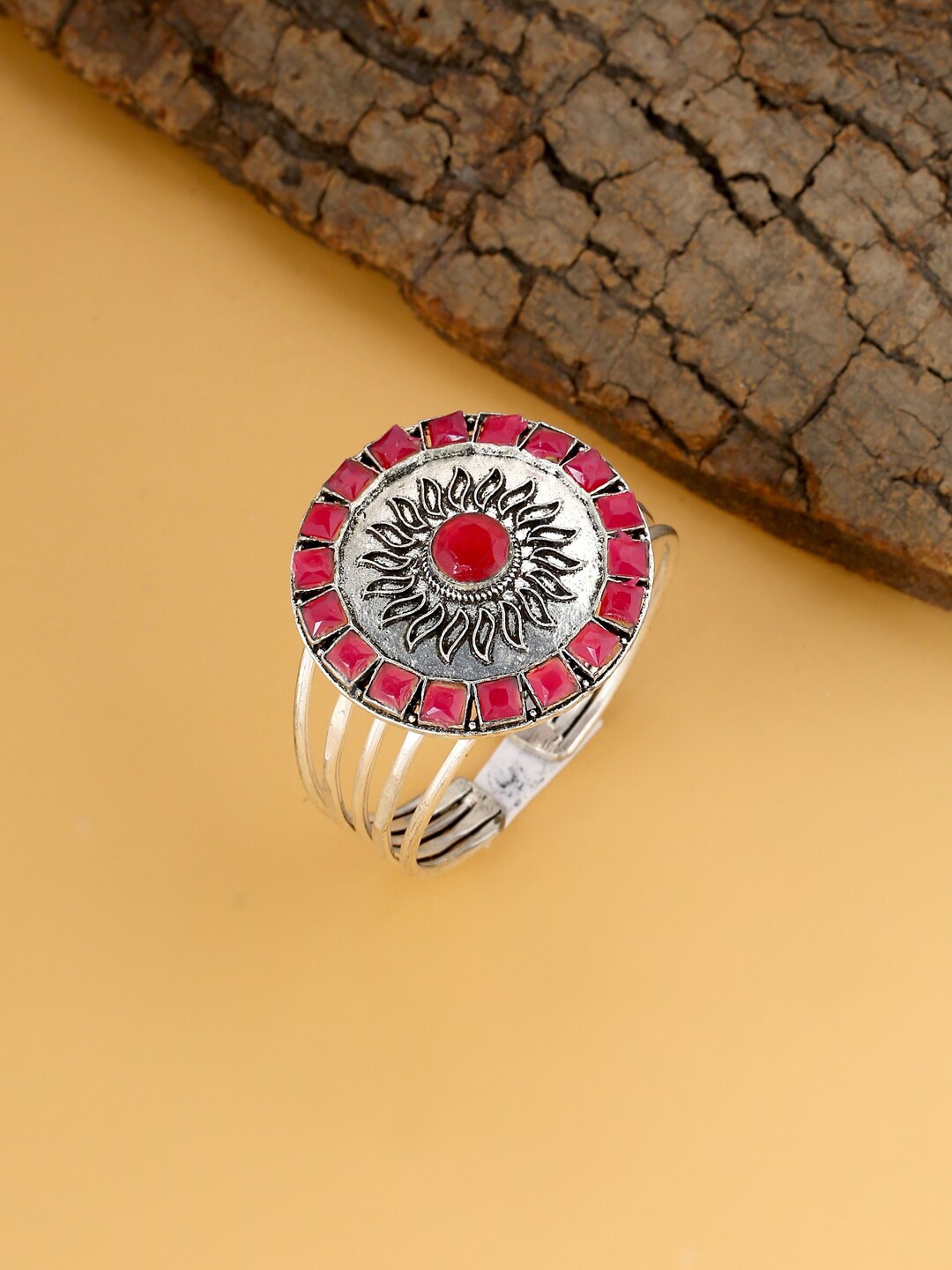 

VIRAASI Women Silver-Toned & Red Brass Oxidised Cuff Bracelet