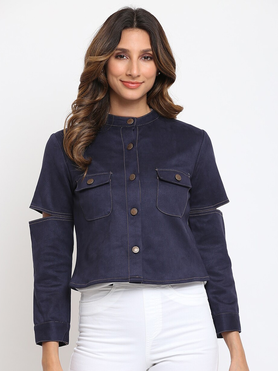 

am ma Navy Blue Mandarin Collar Shirt Style Top