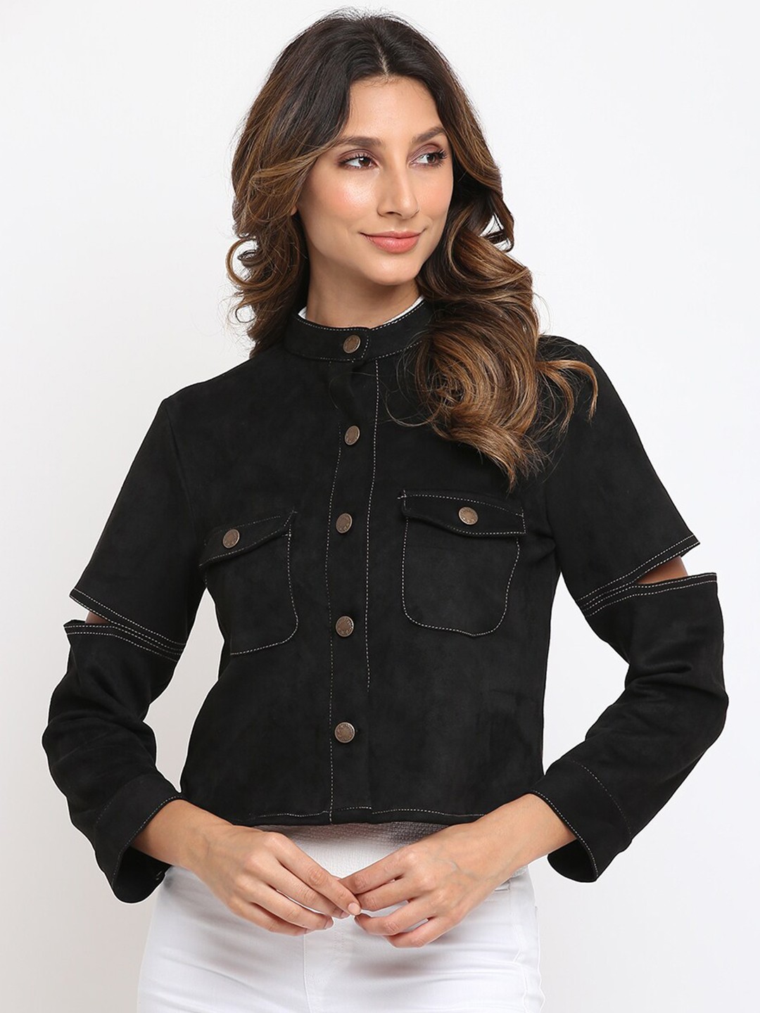 

am ma Black Mandarin Collar Shirt Style Top
