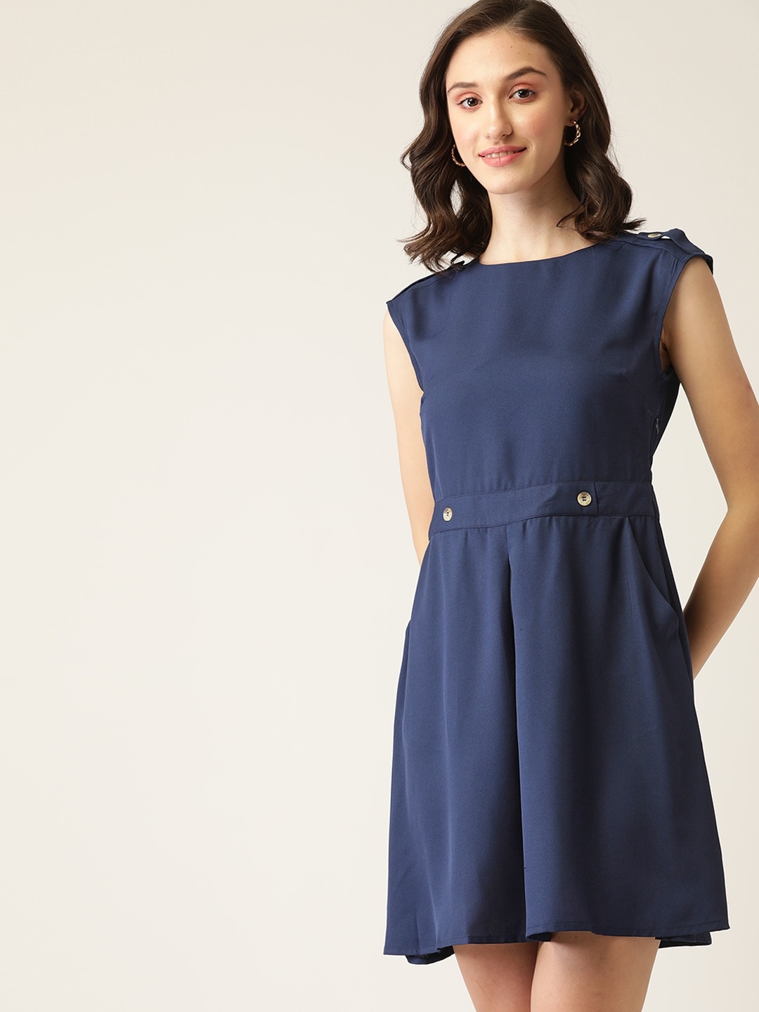 

DressBerry Navy Blue Solid A-Line Dress