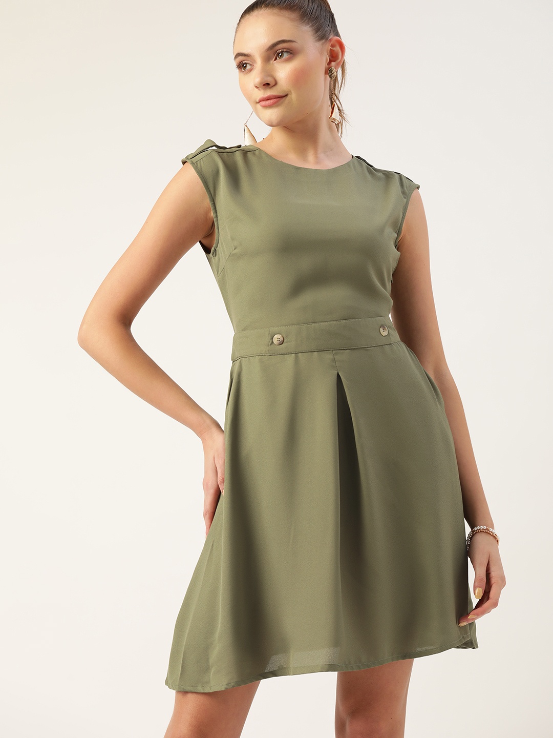 

DressBerry Olive Green Solid A-Line Dress