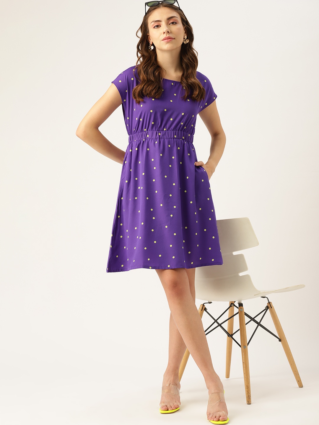 

DressBerry Purple & Green Polka Dot Print A-Line Dress