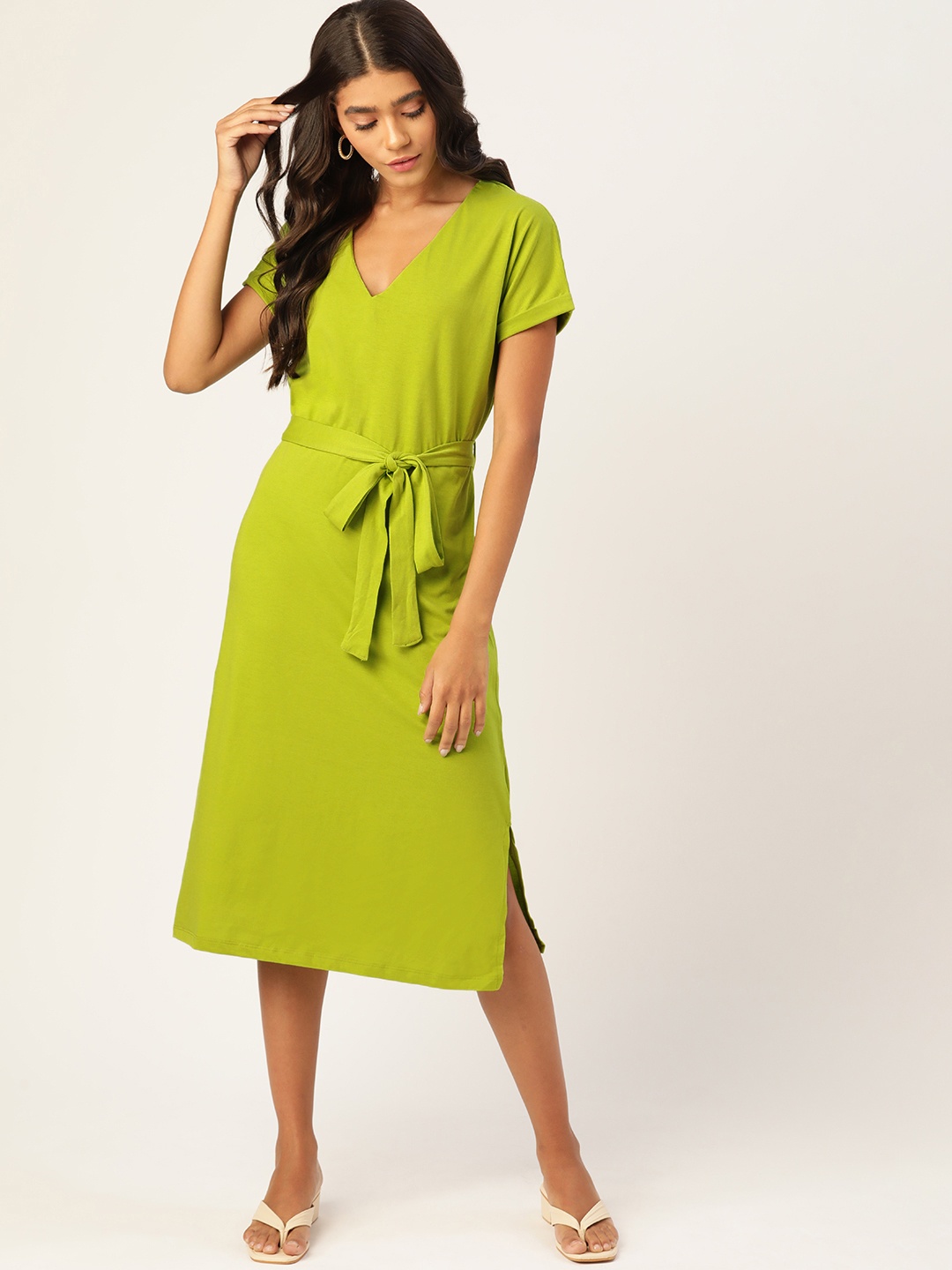 

DressBerry Green Sustainable A-Line Dress With a Belt