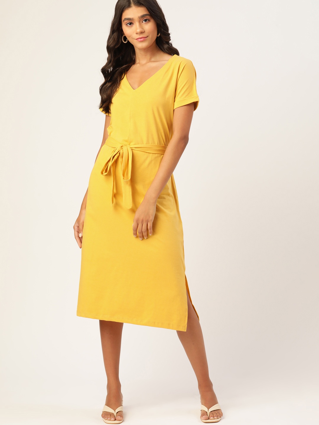 

DressBerry Women Mustard Yellow Sustainable A-Line Dress with a Belt