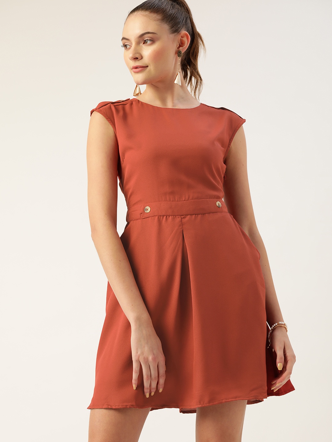 

DressBerry Rust Red Solid A-Line Dress