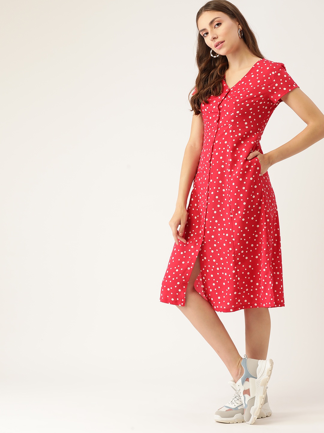 

DressBerry Red & White Polka Dot Print A-Line Midi Dress