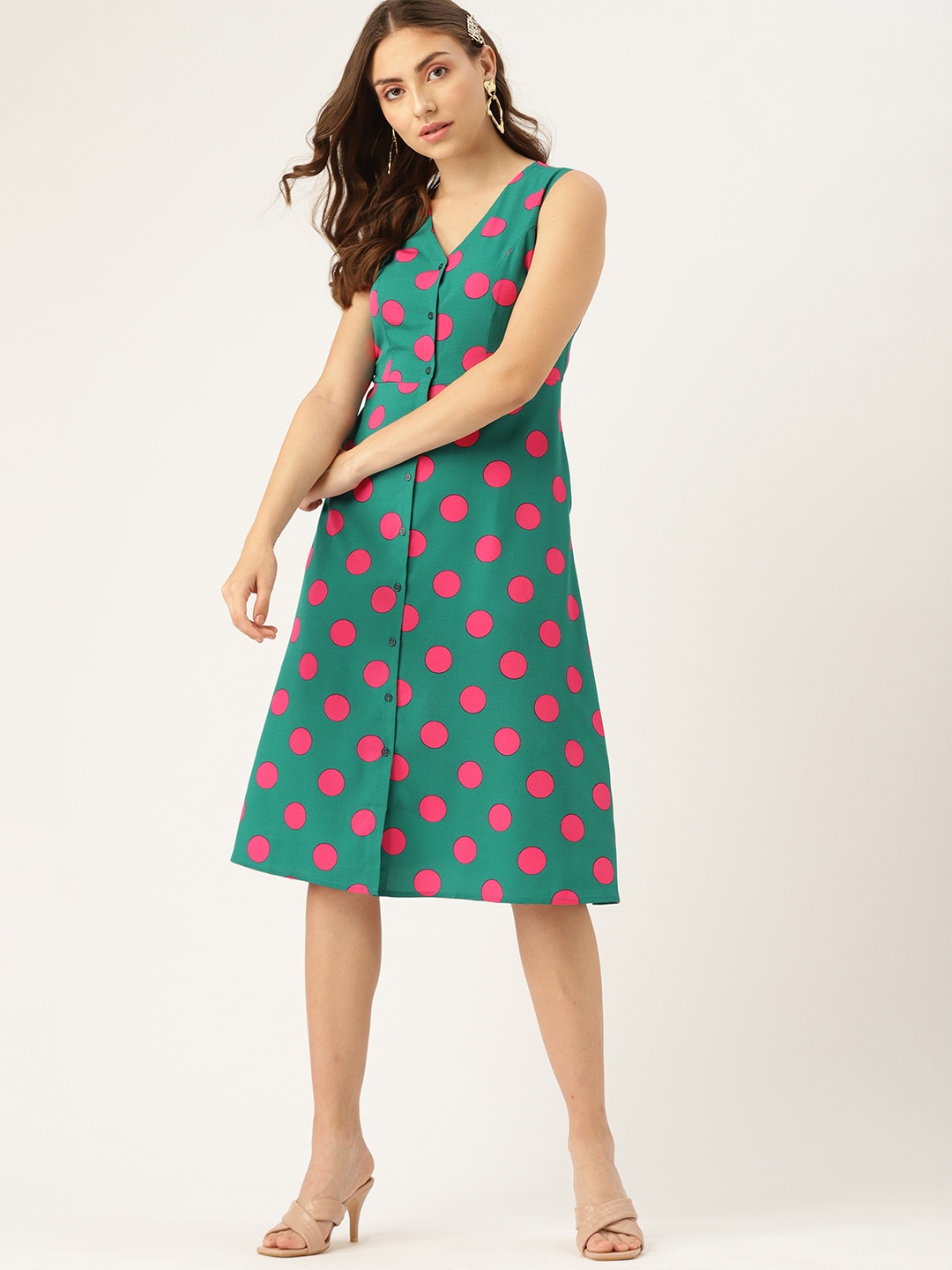 

DressBerry Women Green & Pink Polka Dots Printed A-Line Midi Dress