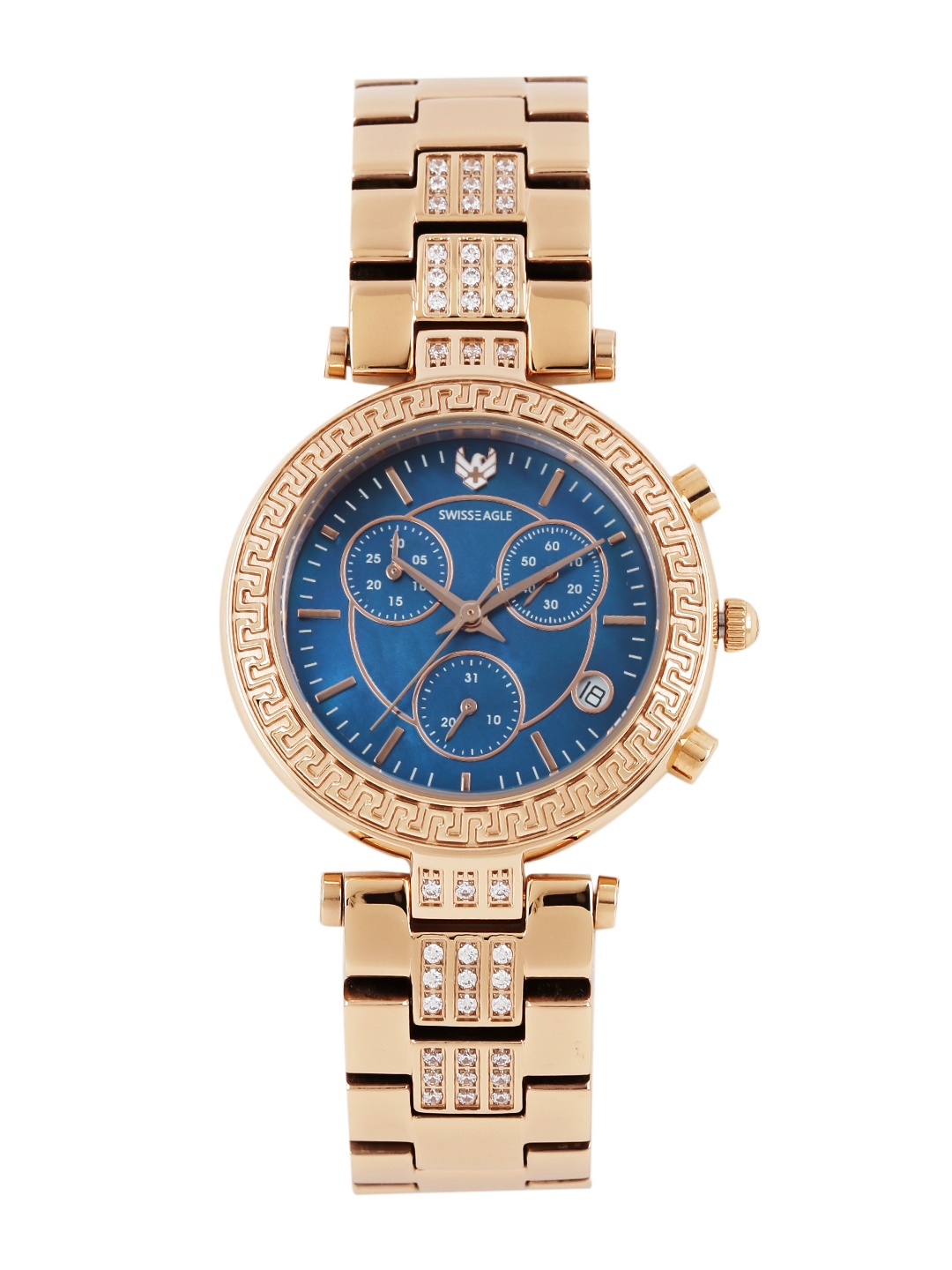 

Swiss Eagle Women Blue Embellished Dial Chronograph Watch SE-9095B-RG-02