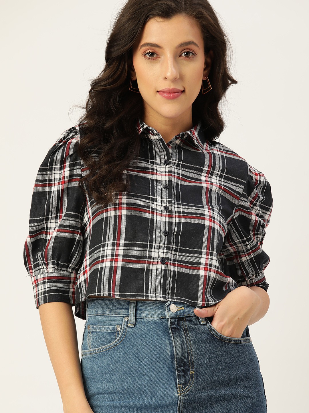 

DressBerry Women Navy Blue & White Pure Cotton Tartan Checked Casual Crop Shirt
