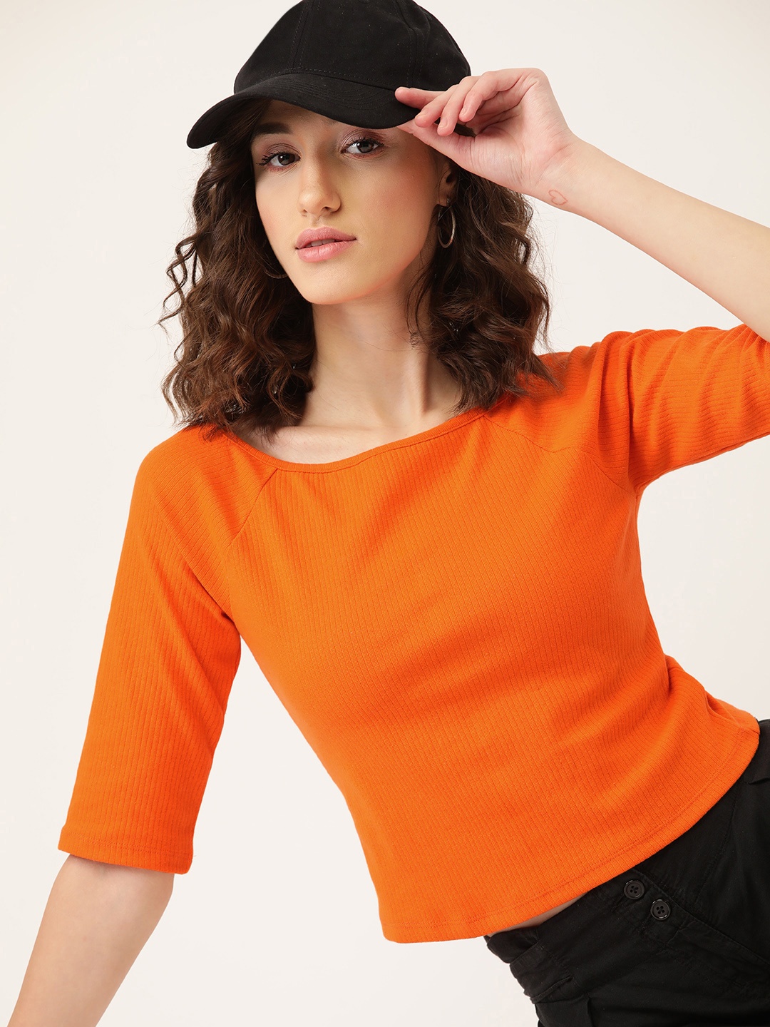 

DressBerry Women Orange Solid Ribbed Boat Neck Raglan Sleeves Top