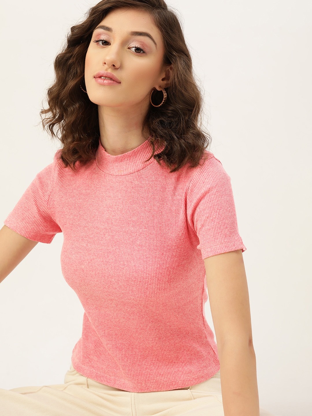 

DressBerry Women Pink Ribbed Top