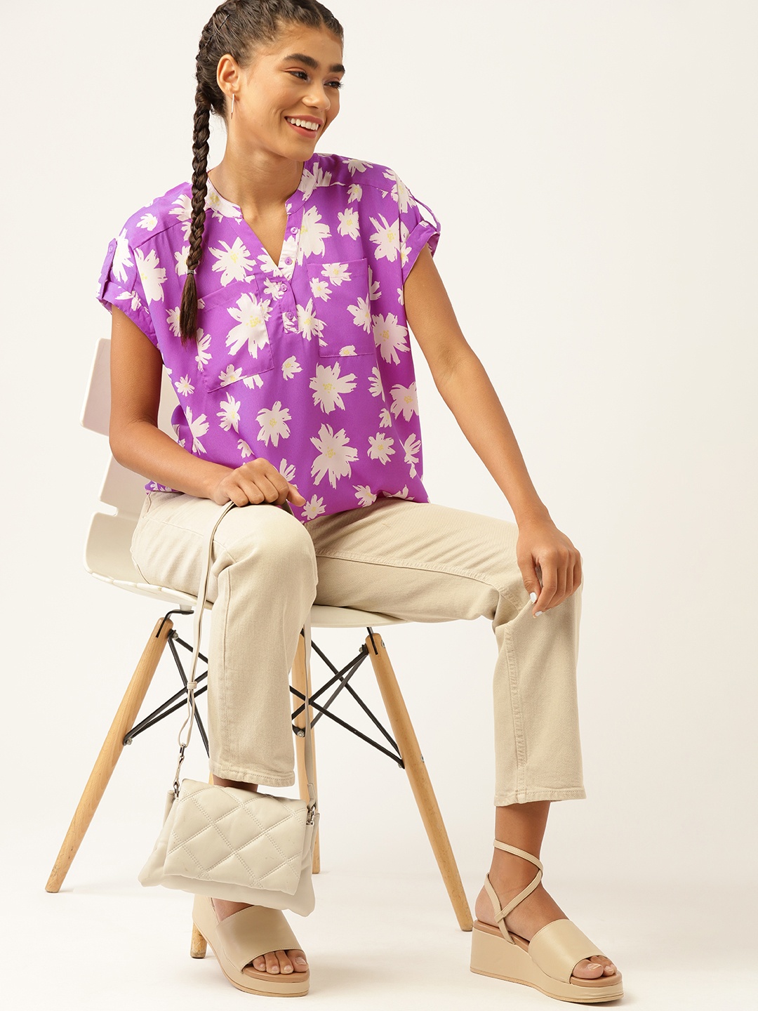 

DressBerry Purple & White Floral Print Extended Sleeves Top
