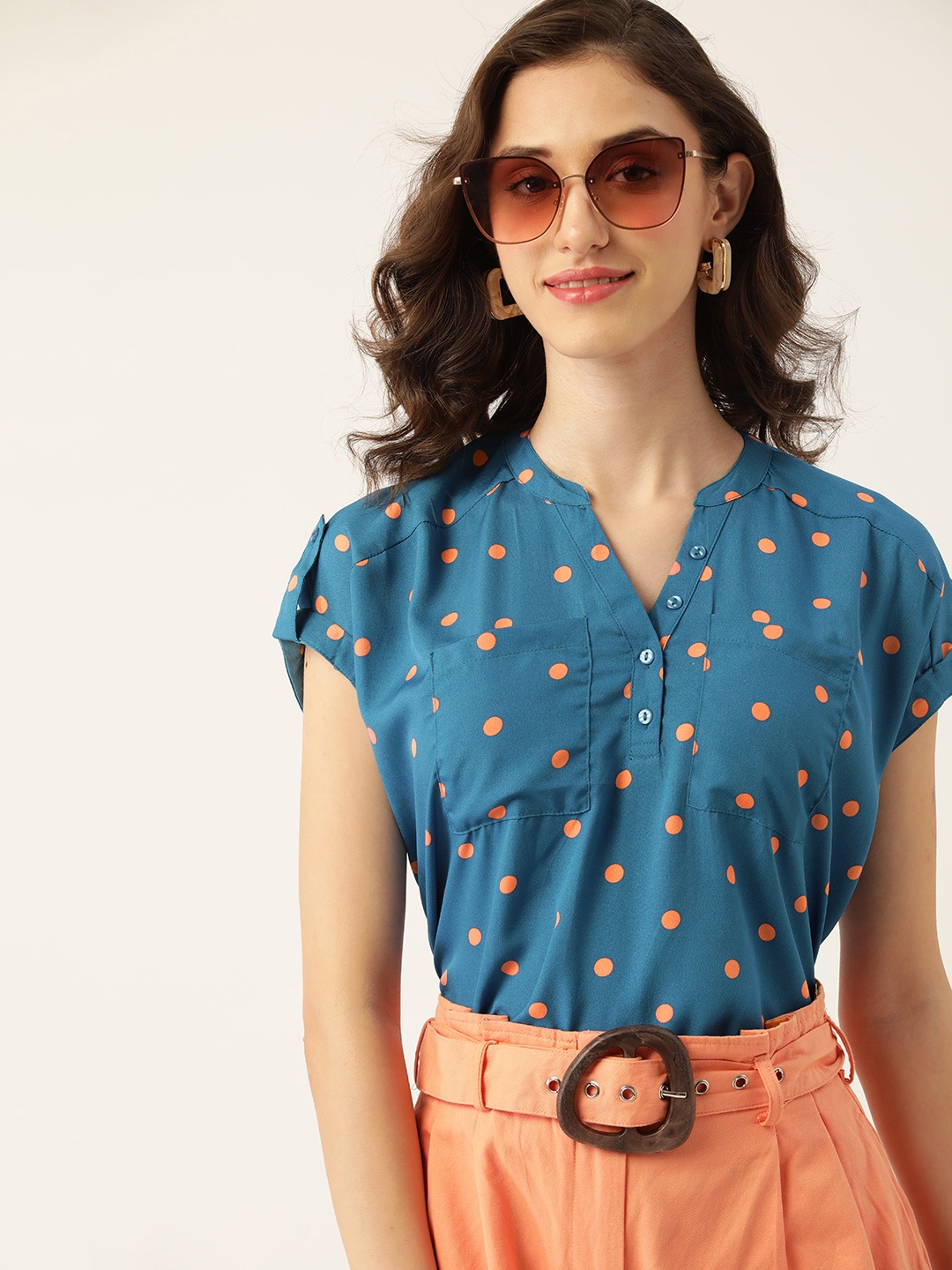 

DressBerry Teal Blue & Peach-Coloured Printed Mandarin Collar Roll-Up Sleeves Top