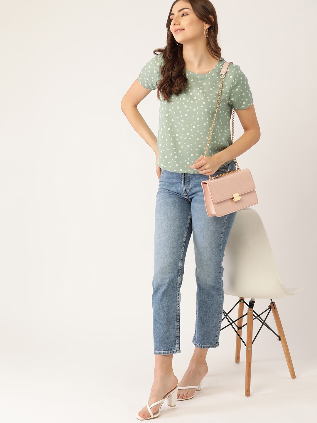 

DressBerry Sage Green & White Polka Dot Print Top