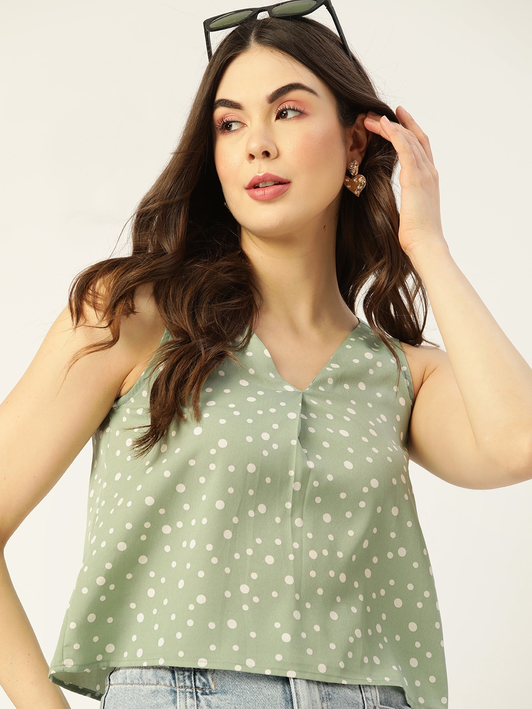 

DressBerry Green & White Polka Dots Print Top