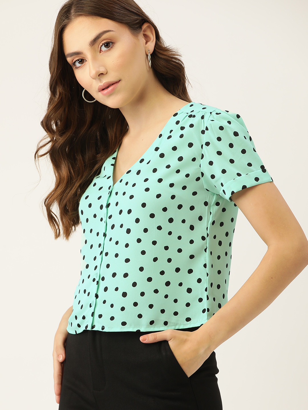 

DressBerry Women Green & Black Polka Dots Printed Top