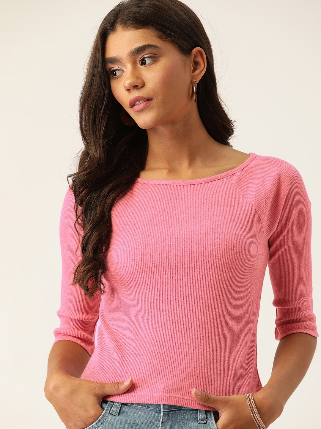 

DressBerry Women Pink Solid Ribbed Raglan Sleeves Top